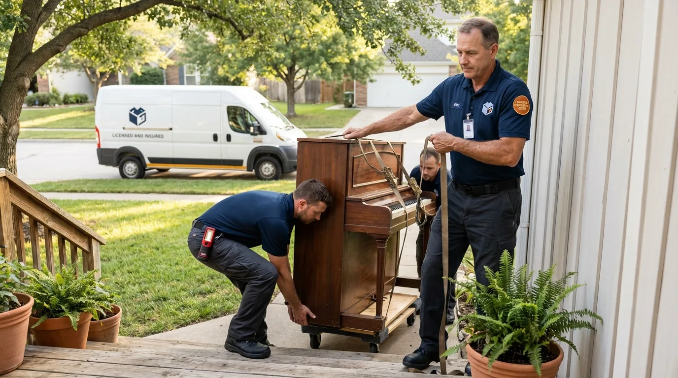 Licensed piano movers securing grand piano in Tarentum, PA