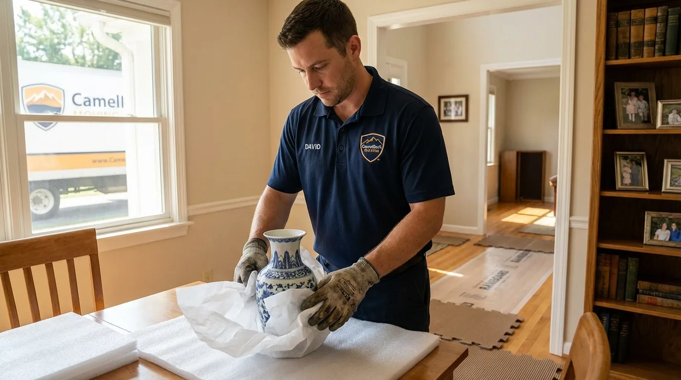 Professional crew carefully wrapping antique vase for senior downsizing move in Tarentum, PA